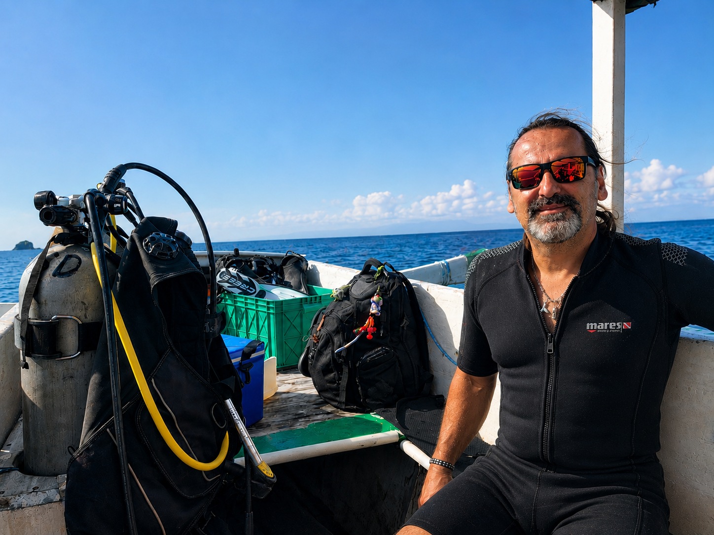 David scuba diving gear on a boat in Bali