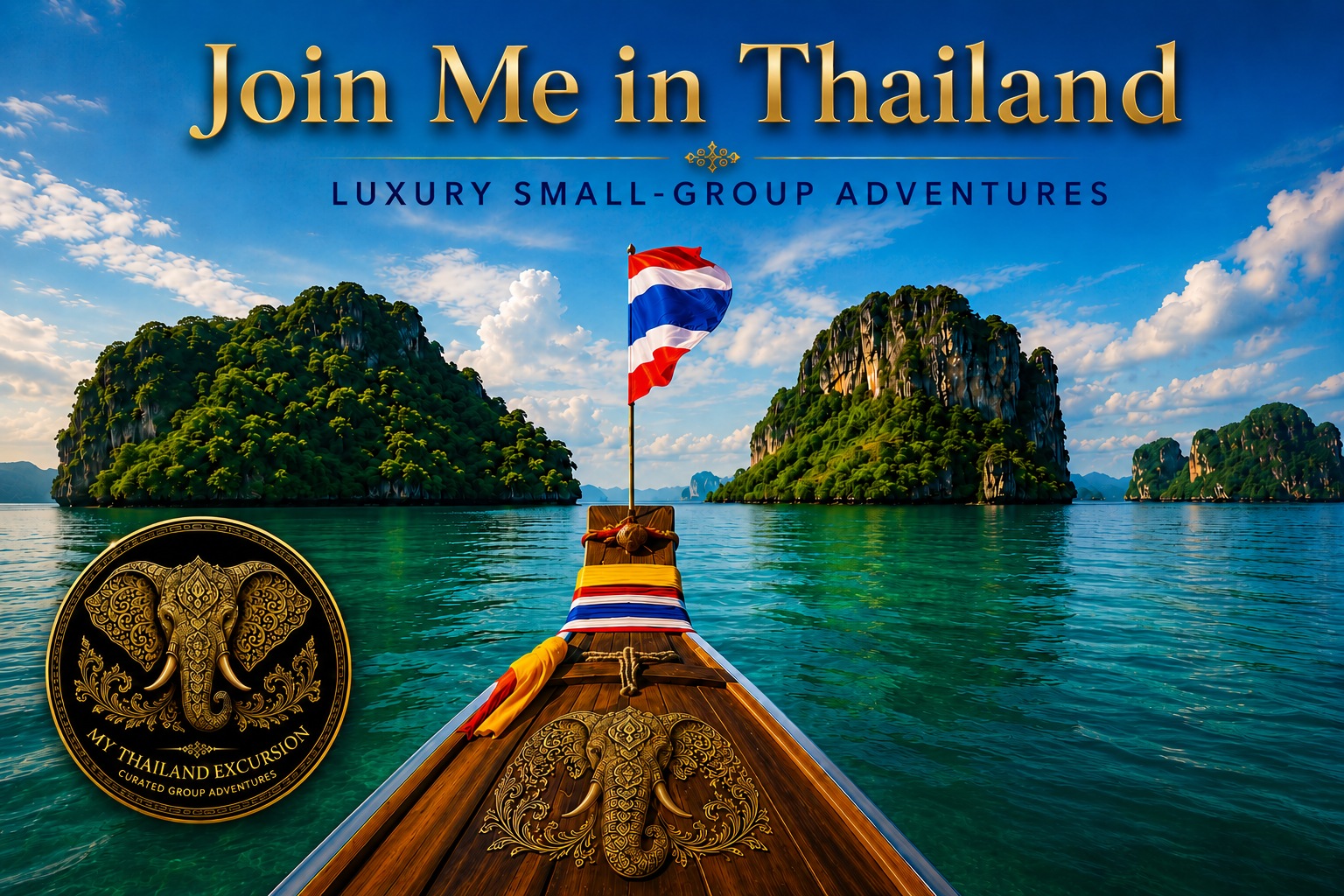 Join Me in Thailand — a longtail boat flying the Thai flag heads toward limestone islands