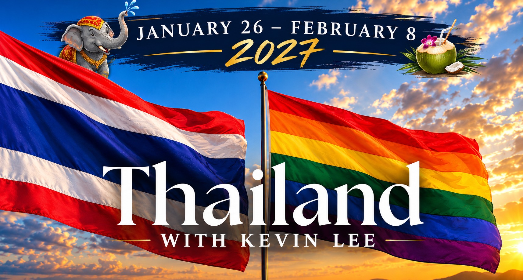 Thailand with Kevin Lee, January 26 to February 8 2027, Thai and rainbow flags with elephant illustration